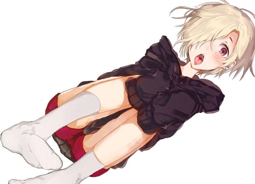 1girl, black_hoodie, black_skirt, blonde_hair, blush, chestnut_mouth, dutch_angle, ear_piercing