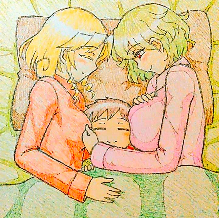 1boy, 2girls, age_difference, breast_smother, breasts, face_to_breasts, girl_sandwich, kazami_yuuka, multiple_girls, p.man@rakugakiya, sandwiched, shota, smile, touhou
