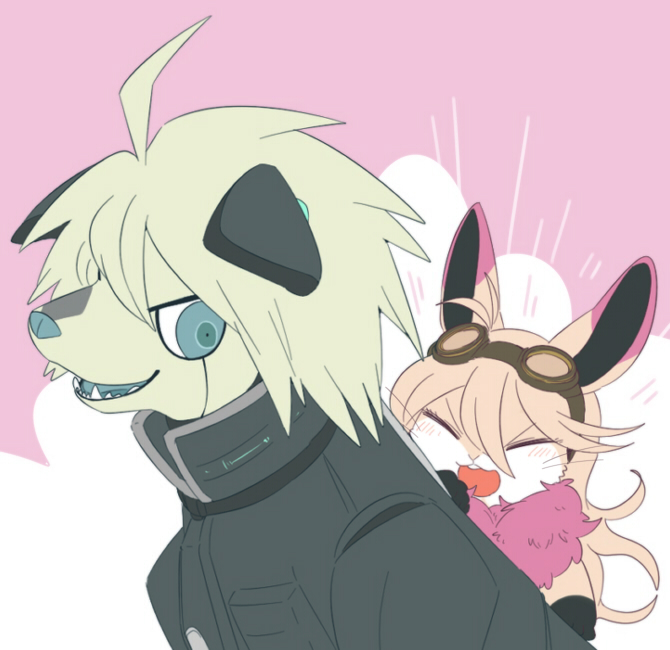 1boy, 1girl, aberu514, android, animal, animalization, blue_eyes, rabbit, danganronpa_(series), dog, furry, iruma_miu, k1-b0, mecha, danganronpa_v3:_killing_harmony, open_mouth, power_frame, robot, short_hair, silver_hair