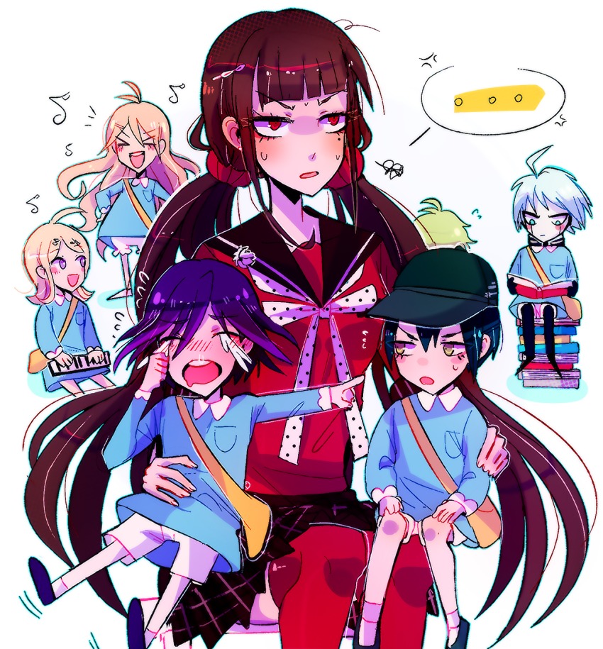 3girls, 4boys, ahoge, akamatsu_kaede, amami_rantaro, android, bag, black_hair, black_headwear, blonde_hair, blue_eyes, crying, danganronpa_(series), danganronpa_v3:_killing_harmony, eyebrows, closed_eyes, green_hair, hair_ornament, hairclip, happy, harukawa_maki, hat, highres, huyandere, iruma_miu, k1-b0, long_hair, mecha, miniskirt, multiple_boys, multiple_girls, music, musical_note, musical_note_hair_ornament, oma_kokichi, power_frame, purple_eyes, purple_hair, red_eyes, robot, saihara_shuichi, school_uniform, serafuku, short_hair, shorts, silver_hair, singing, skirt, thighhighs, twintails, yellow_eyes