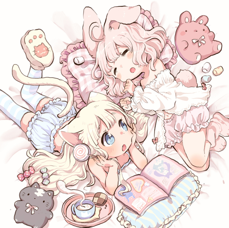 2girls, ahoge, animal_ears, bed_sheet, blonde_hair, bloomers, blouse, book
