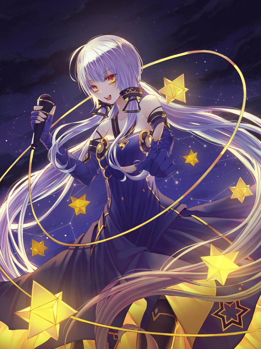 1girl, ahoge, bare_shoulders, cable, cecil86, clothes_lift, constellation, dress, dress_lift, elbow_gloves, female_focus, fingerless_gloves, floating_hair, gloves, highres, light_purple_hair, long_hair, looking_at_viewer, microphone, pointing, pointing_at_viewer, sidelocks, solo, star_(sky), stardust, twintails, very_long_hair, vocaloid, vocanese, xingchen, yellow_eyes