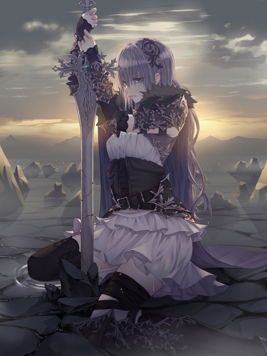 1girl, black_legwear, cecil86, female_focus, full_body, grey_sky, highres, long_hair