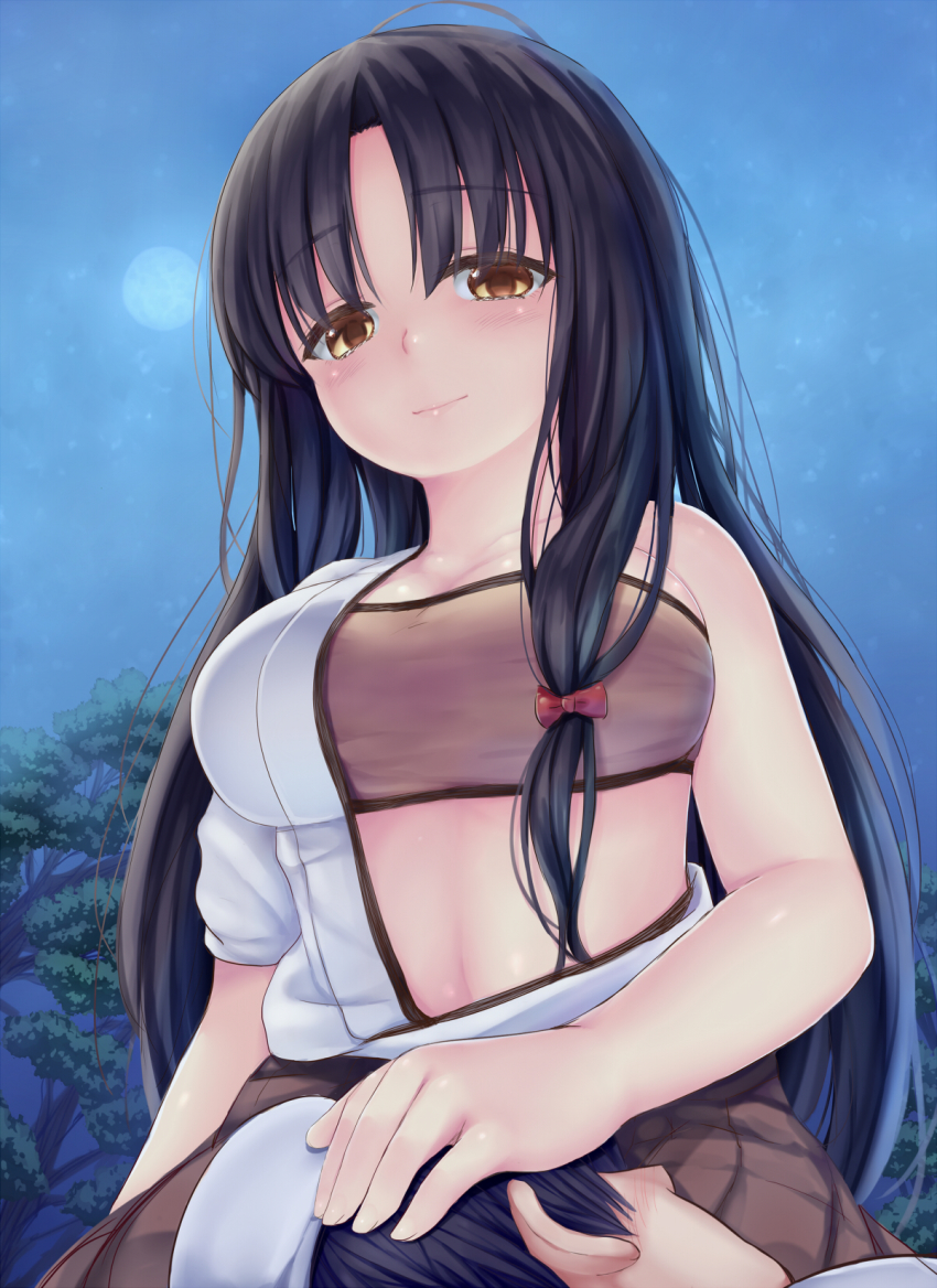 1boy, 1girl, admiral_(kancolle), ahoge, bandeau, black_hair, blush, breasts