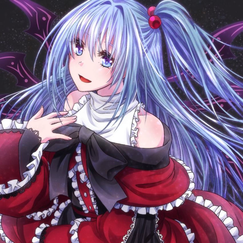 1girl, :d, black_bow, blue_eyes, bow, capelet, dress, female_focus, frilled_dress, frilled_sleeves, frills, hair_bobbles, hair_ornament, highres, ice_(aitsugai), long_hair, multiple_wings, open_mouth, red_capelet, red_dress, shinki_(touhou), side_ponytail, silver_hair, smile, solo, touhou, touhou_(pc-98), wide_sleeves, wings