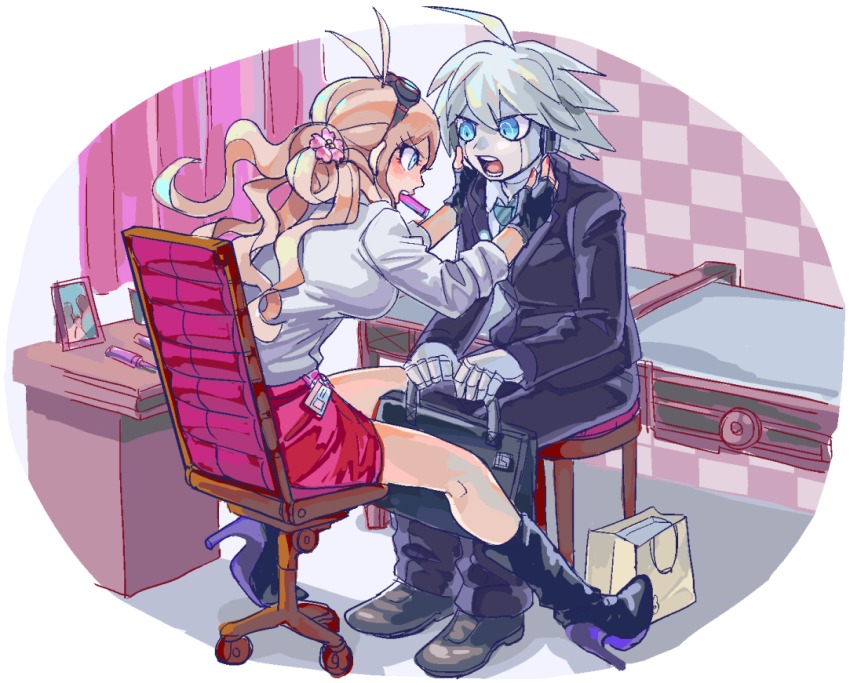 1boy, 1girl, ahoge, android, bag, blonde_hair, blue_eyes, boots