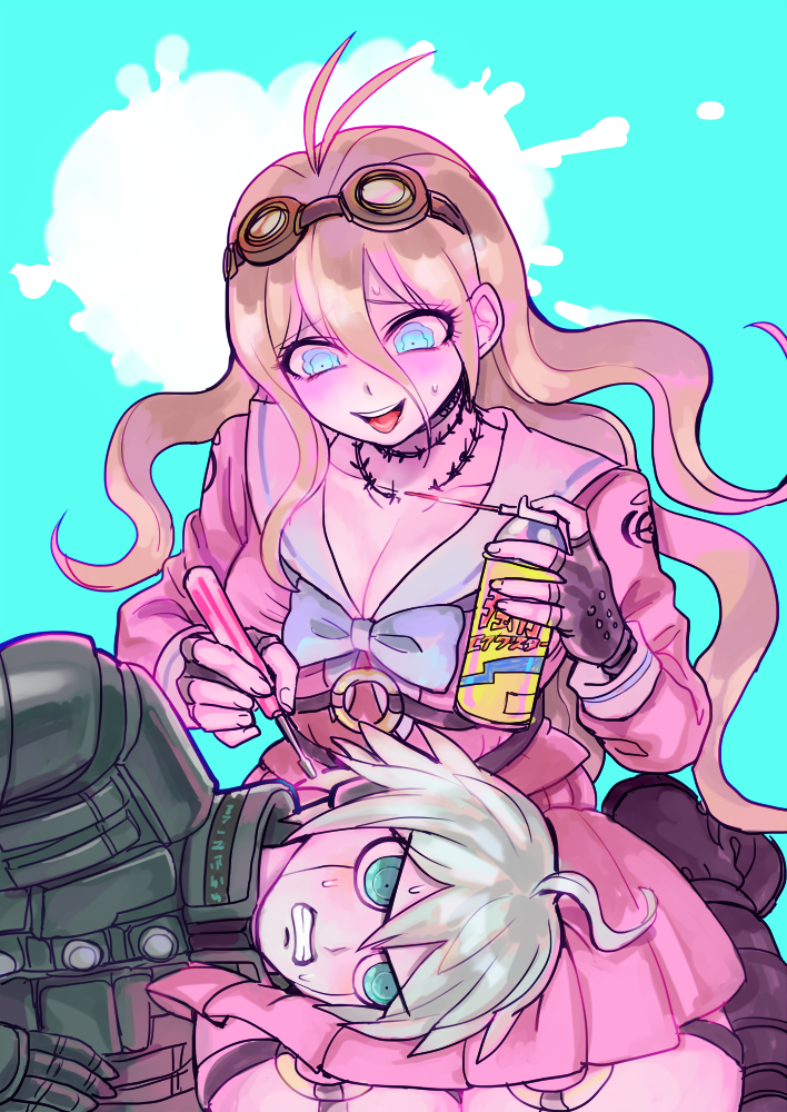 1boy, 1girl, ahoge, android, barbed_wire, blonde_hair, blouse, blue_eyes, bone_(stare), boots, breasts, choker, cleavage, danganronpa_(series), danganronpa_v3:_killing_harmony, fingerless_gloves, gloves, goggles, goggles_on_head, happy, iruma_miu, k1-b0, long_hair, mecha, open_mouth, pink_shirt, power_frame, robot, school_uniform, serafuku, shirt, silver_hair, skirt