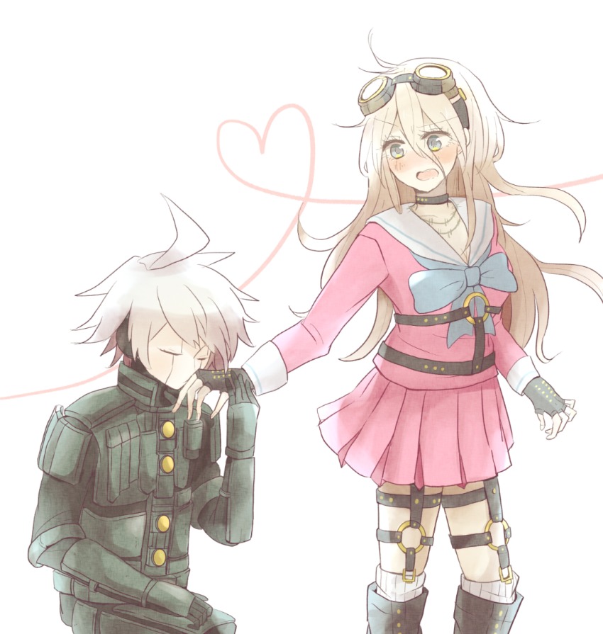 1boy, 1girl, ahoge, android, barbed_wire, blonde_hair, blouse, blue_eyes