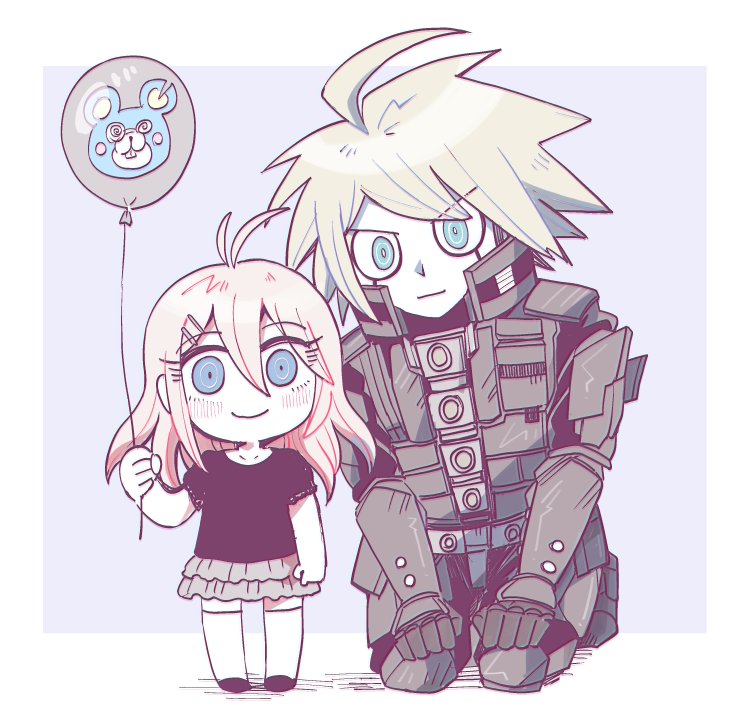 1boy, 1girl, ahoge, android, balloon, black_shirt, blonde_hair, blue_eyes