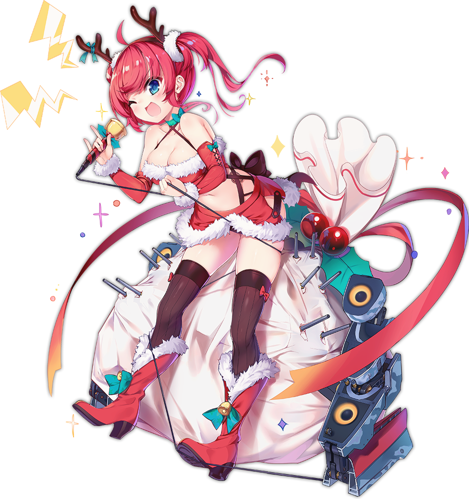 1girl, ;d, ahoge, alternate_costume, antlers, azur_lane, bare_shoulders, black_panties