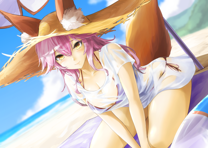 animal_ears, beach_umbrella, bikini, blue_bikini, breasts, cleavage, ears_through_headwear, fate/grand_order