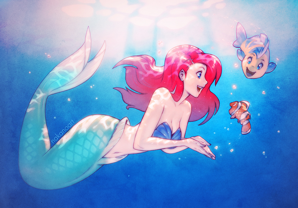 1girl, :d, air_bubble, ariel_(disney), artist_name, bare_shoulders, bikini, bikini_top_only, blue_bikini, blue_eyes, blush, breasts, bubble, cleavage, clownfish, company_connection, crossover, day, disney, eye_contact, finding_nemo, fish, flounder_(the_little_mermaid), from_side, full_body, long_hair, looking_at_another, medium_breasts, mermaid, monster_girl, nana_nakano, navel, nemo_(finding_nemo), open_mouth, own_hands_together, profile, red_eyes, red_hair, scales, shell, shell_bikini, smile, strapless, strapless_bikini, sunlight, swimsuit, tareme, the_little_mermaid_(disney), underwater, water