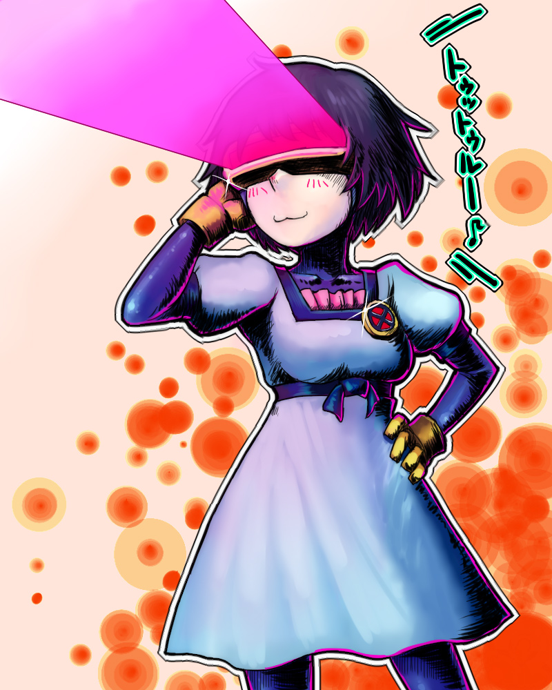 1girl, :3, black_hair, blush, bodystocking, breasts, commentary_request, cosplay