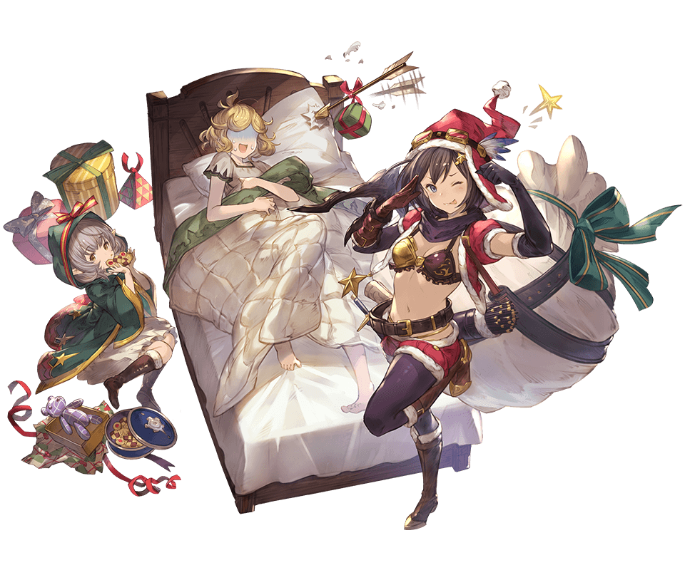 3girls, bed, blonde_hair, bob_cut, boots, bow_(weapon), brown_footwear, brown_hair