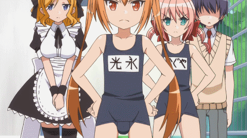 10s, 1girl, 3boys, angry, animated, animated_gif, apron, arikawa_kaguya, black_hair, blonde_hair, blue_eyes, bow, breast_padding, brown_eyes, brown_hair, bulge, crossdressing, fence, hair_bow, hair_over_eyes, half-closed_eyes, hands_on_own_hips, himegoto, long_hair, lowres, maid, maid_apron, maid_headdress, matching_hair/eyes, multiple_boys, no._1, oda_mitsunaga, one-piece_swimsuit, open_mouth, outdoors, penis_in_swimsuit, pink_hair, reverse_trap, school_swimsuit, school_uniform, short_hair, standing, swimsuit, talking, toyotomi_hiro, trap, twintails