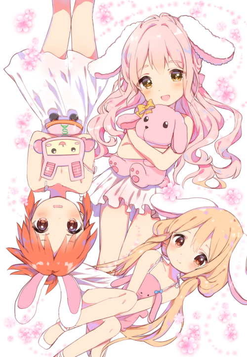 3girls, :d, abe_nana, animal_ears, ankle_lace-up, bare_arms, bare_legs, bare_shoulders