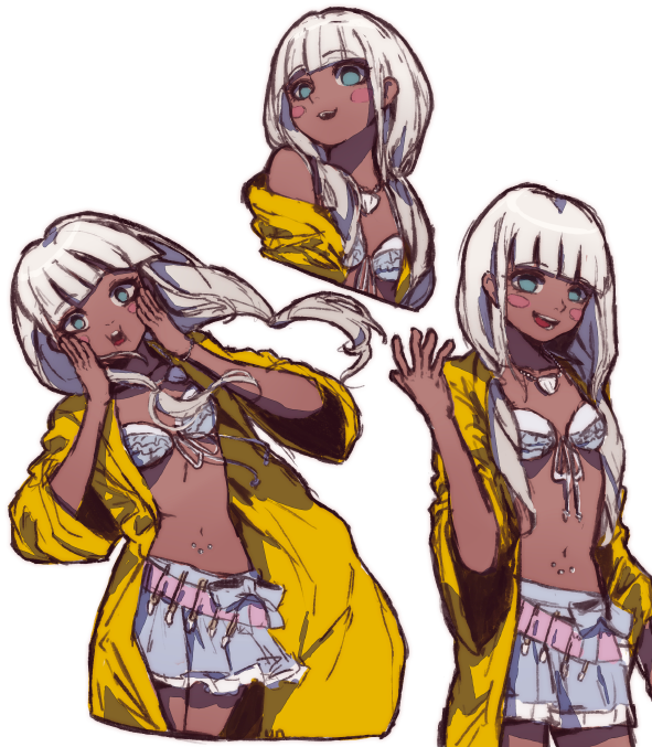 1girl, bead_necklace, beads, belly, blue_eyes, bra, danganronpa_(series), danganronpa_v3:_killing_harmony