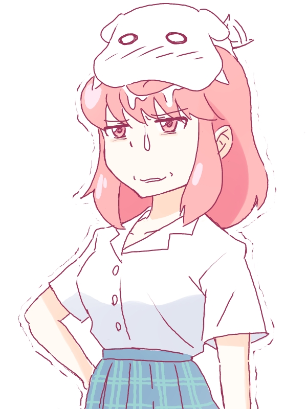 1girl, animal, annoyed, arm_at_side, blue_skirt, blush, collarbone, collared_shirt