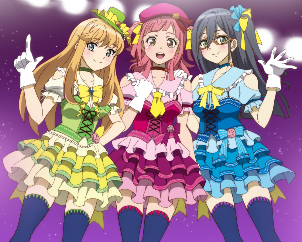 3girls, :d, anime-gataris, asagaya_minoa, black_hair, black_legwear, blonde_hair, blue_choker
