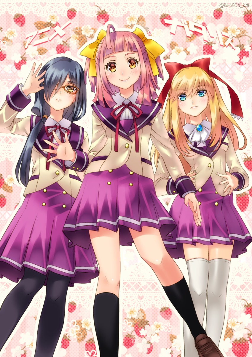 3girls, ahoge, anime-gataris, asagaya_minoa, black_hair, black_legwear, blonde_hair, blue_eyes
