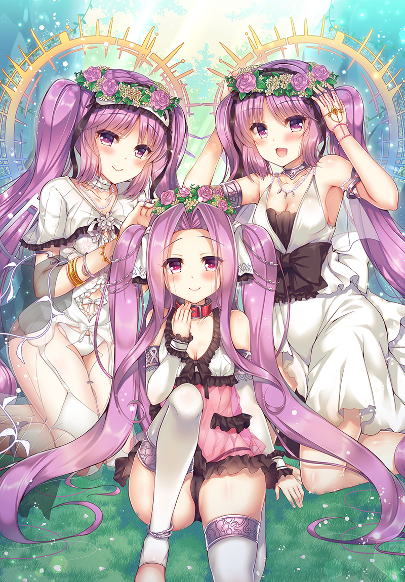 3girls, black_panties, black_ribbon, blush, breasts, dress, euryale_(fate), euryale_(third_ascension)_(fate)