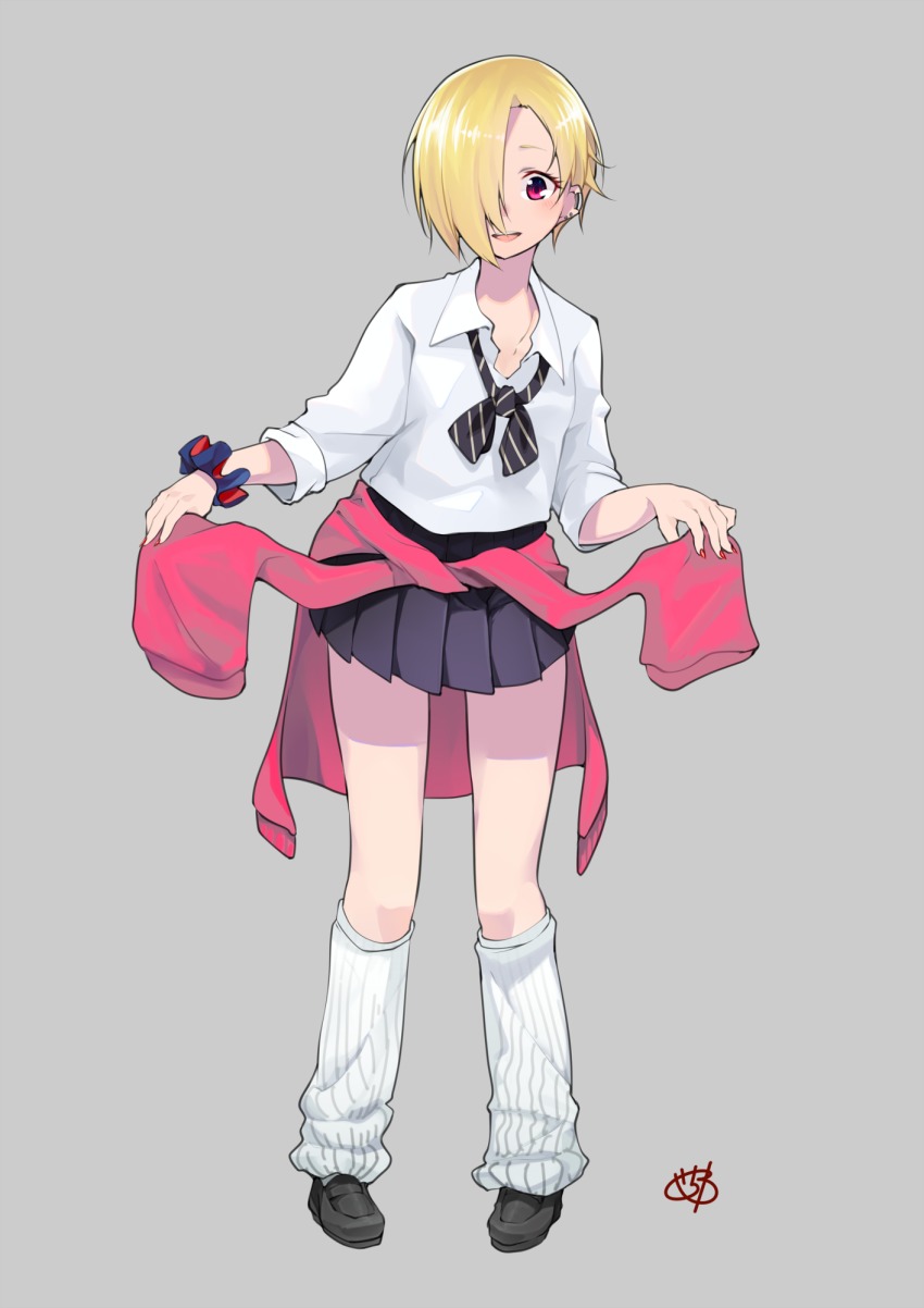 1girl, blonde_hair, clothes_around_waist, commentary_request, ear_piercing, earrings, female_focus, gochiwa