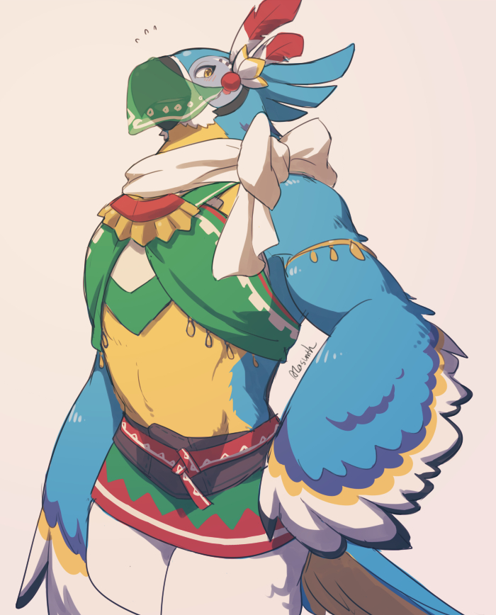 1boy, arabian_clothes, arm_at_side, armlet, bad_id, bad_pixiv_id, blush, brown_background, brown_eyes, feathers, flying_sweatdrops, furry, furry_male, hand_on_own_hip, jewelry, kass, looking_at_viewer, male_focus, meganemido, nintendo, rito, scarf, see-through_clothes, signature, simple_background, standing, the_legend_of_zelda, the_legend_of_zelda:_breath_of_the_wild, white_scarf