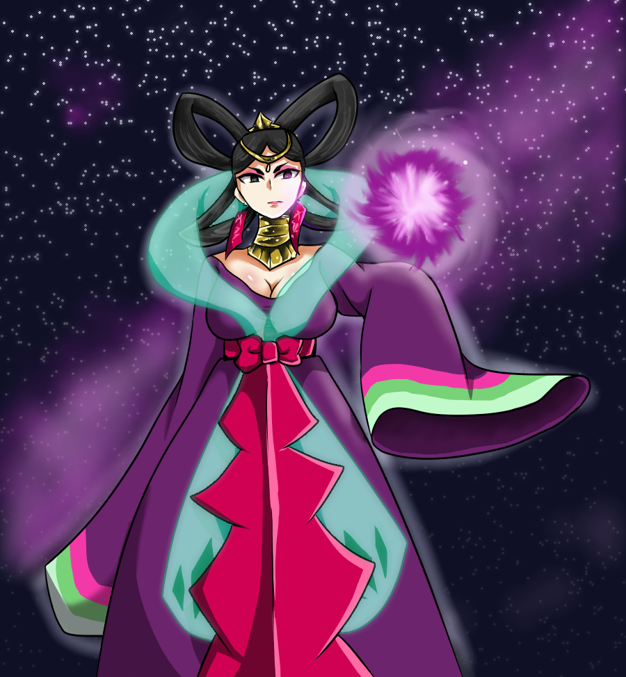 00s, 1girl, black_hair, breasts, capcom, cleavage, dr._vega_(mega_man), dress, female_focus, japanese_clothes, kimono, large_breasts, mega_man_(series), mega_man_star_force_(series), sitting, smile, solo, tagme