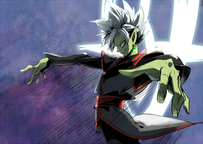 10s, 1boy, colored_skin, dragon_ball, dragon_ball_super, earrings, fused_zamasu, green_skin, jewelry, katori_(katokichi), looking_away, male_focus, outstretched_arms, pointy_ears, ring, smile, solo, spiked_hair, standing, white_hair, zamasu