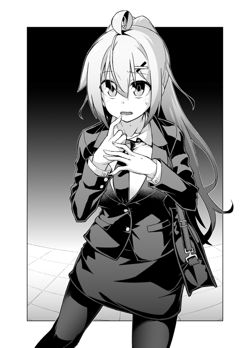 ahoge, breasts, comic, cowboy_shot, formal_clothes, greyscale, highres, ikinokore!_shachiku-chan