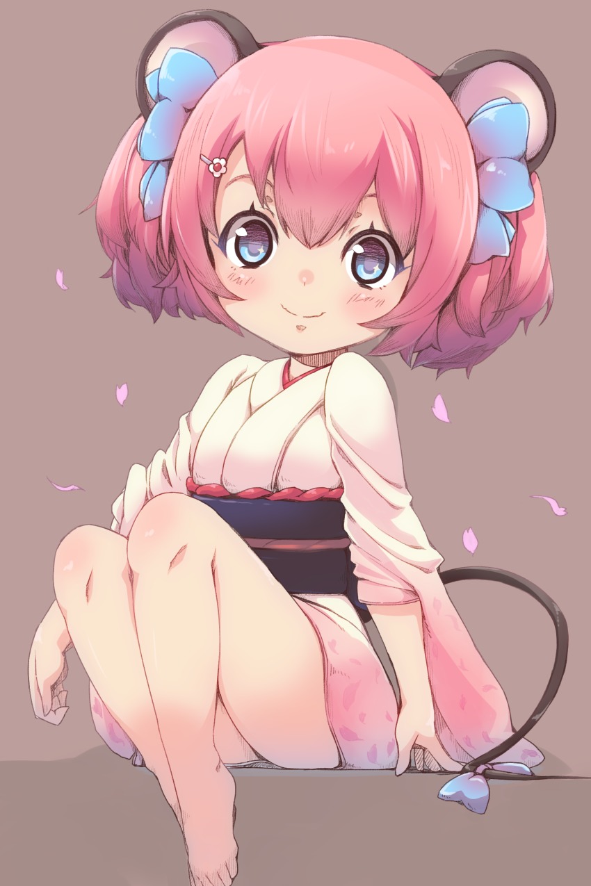 1girl, absurdres, animal_ears, bare_legs, barefoot, blue_ribbon, blush, brown_background