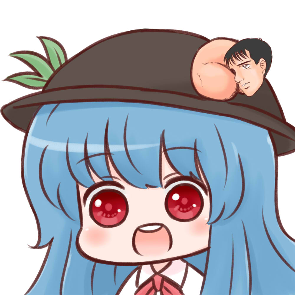 :d, batta_(ijigen_debris), blue_hair, blush, chibi, commentary_request, food, fruit