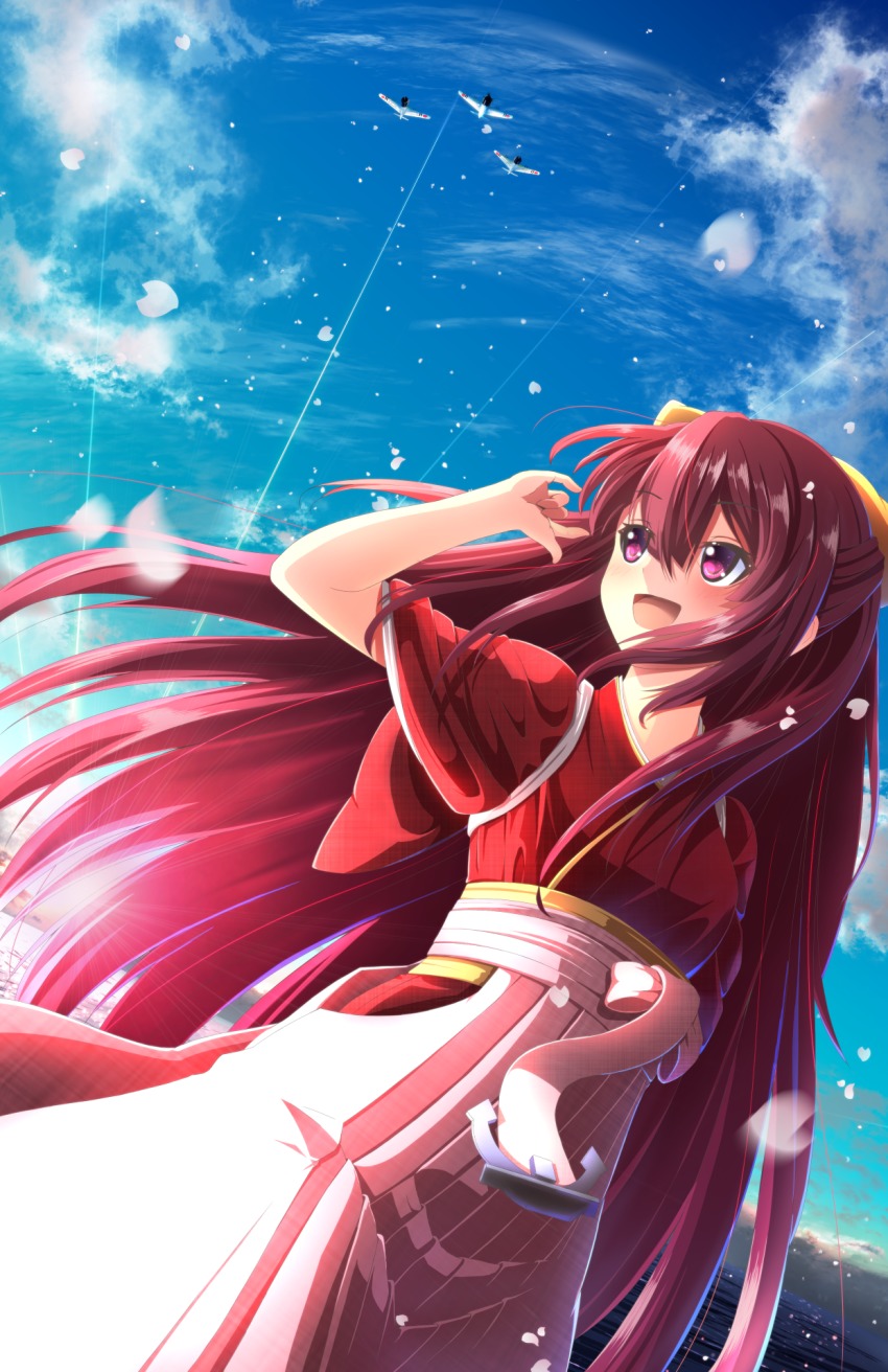 1girl, aircraft, airplane, blue_sky, bow, cloud, contrail, day