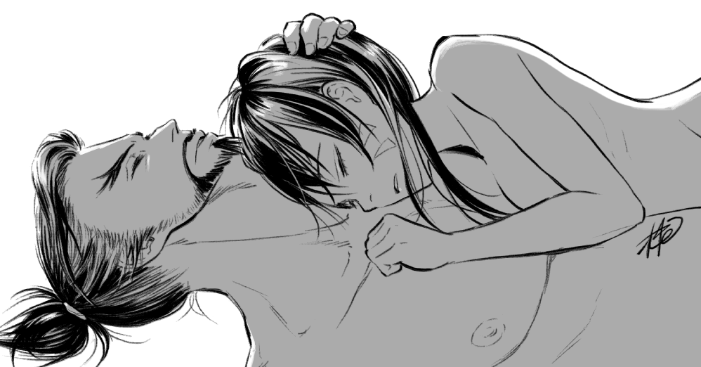 1boy, 1girl, breast_press, breasts, clenched_hand, completely_nude, couple, d.va_(overwatch)