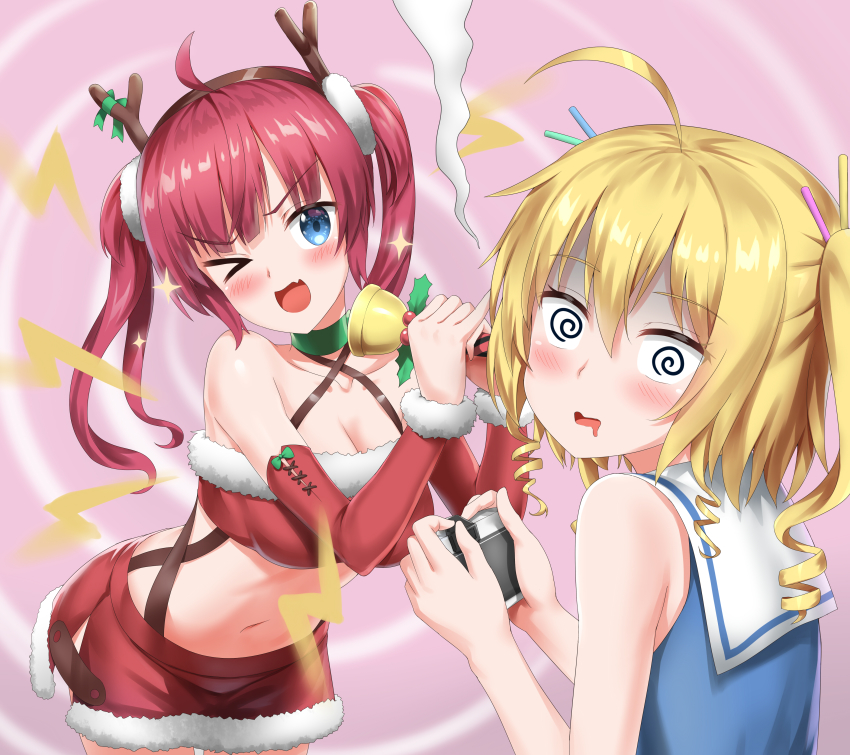 >_o, 2girls, :d, @_@, absurdres, ahoge, antlers, azur_lane