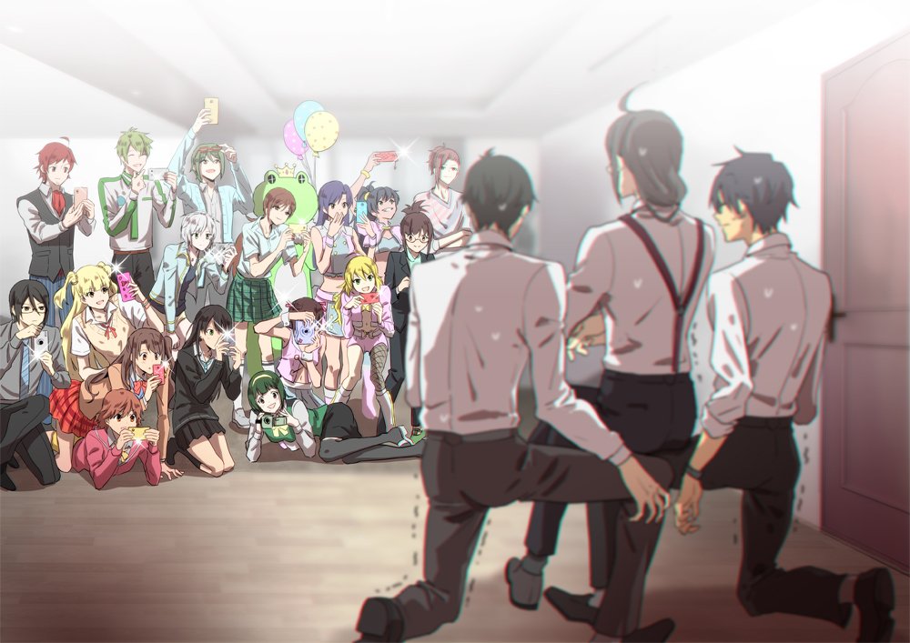 10s, 6+boys, 6+girls, akizuki_ritsuko, amami_haruka, anastasia_(idolmaster), balloon, black_hair