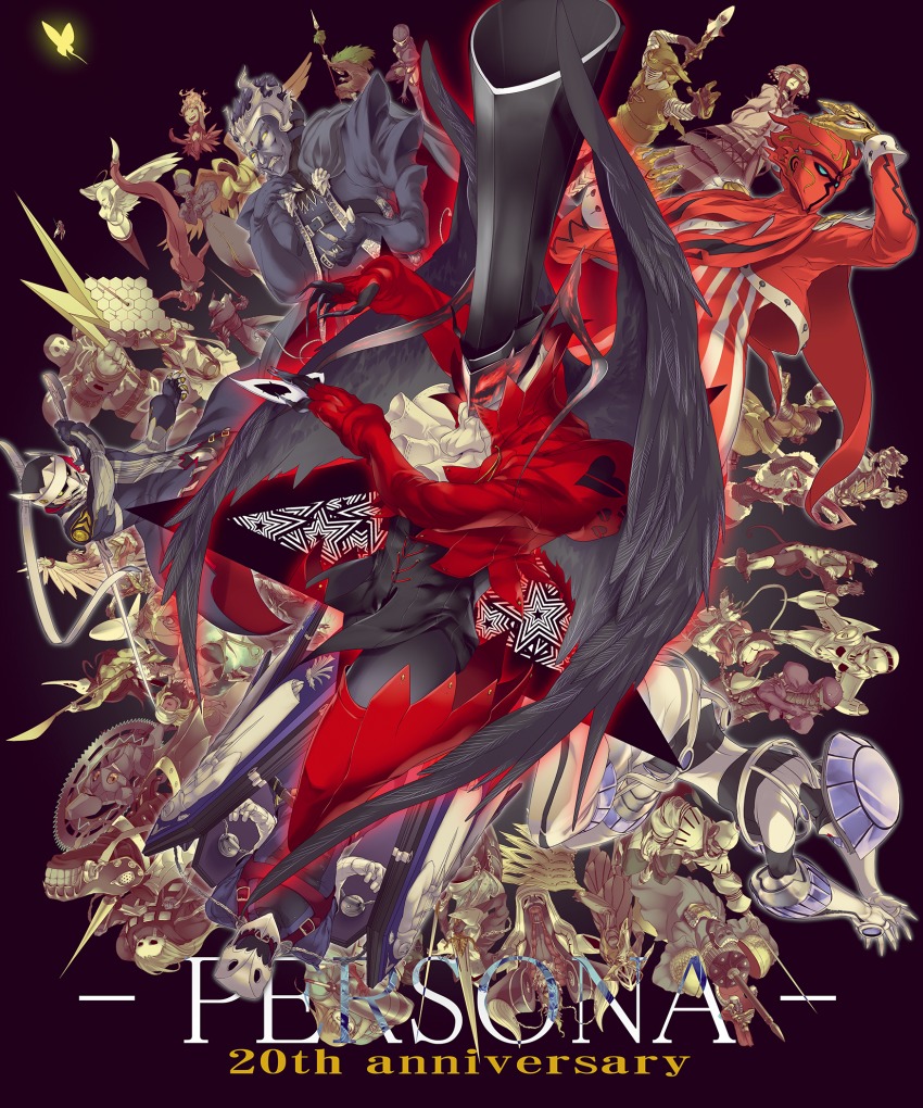 10s, 909s, anniversary, apollo_(persona_2), arsene_(persona_5), ascot, black_background, bug, butterfly, colored_skin, copyright_name, english_text, everyone, highres, holding, holding_sword, holding_weapon, insect, izanagi_(persona_4), mask, monster, no_humans, persona, persona_1, persona_2, persona_2_batsu, persona_2_tsumi, persona_3, persona_4, persona_5, purple_background, shirt, simple_background, striped_clothes, striped_shirt, sword, thanatos_(persona), unworn_mask, weapon, white_ascot