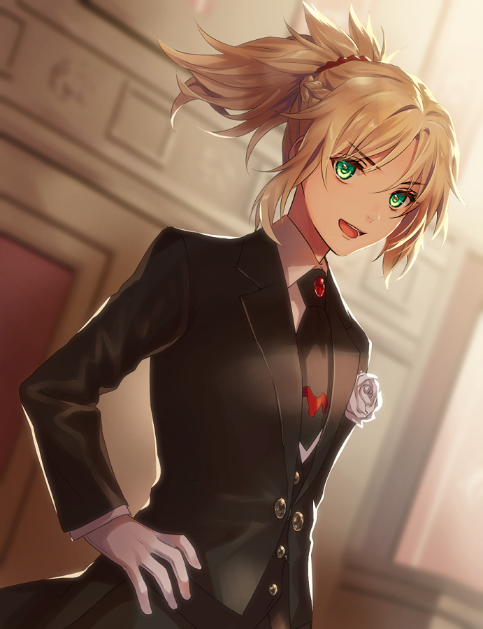 1girl, :d, black_jacket, black_necktie, blonde_hair, blurry, blurry_background, braid