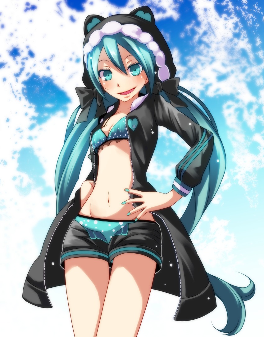 1girl, :d, absurdres, animal_hood, bad_id, bad_pixiv_id, bikini, black_bow
