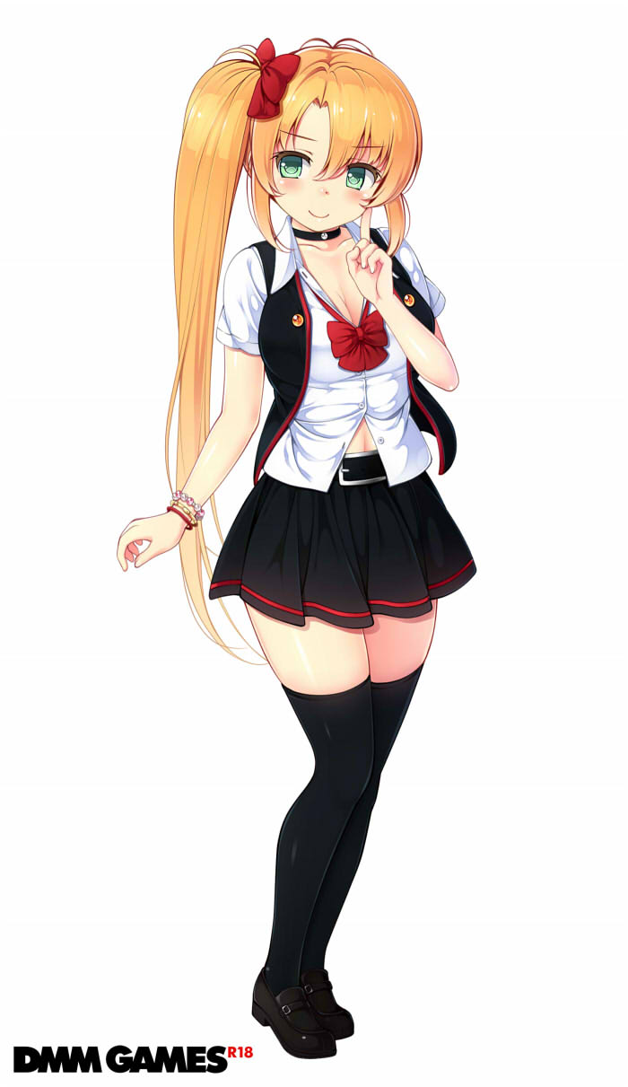 1girl, bad_id, bad_pixiv_id, belt, belt_buckle, black_belt, black_choker, black_shoes, black_skirt, black_thighhighs, black_vest, blonde_hair, blush, bow, bowtie, breasts, buckle, choker, cleavage, closed_mouth, collarbone, collared_shirt, commentary_request, content_rating, dmm, female_focus, finger_to_cheek, full_body, green_eyes, hair_between_eyes, hair_bow, hand_up, highres, index_finger_raised, komimiyako, large_breasts, legs_together, loafers, long_hair, looking_at_viewer, mansion_wars!, medium_skirt, miniskirt, official_art, open_clothes, open_vest, parted_bangs, partially_unbuttoned, pleated_skirt, red_bow, red_bowtie, school_uniform, shirt, shoes, short_sleeves, side_ponytail, simple_background, skirt, smile, solo, standing, thighhighs, very_long_hair, vest, white_background, white_shirt, wristband, zettai_ryouiki