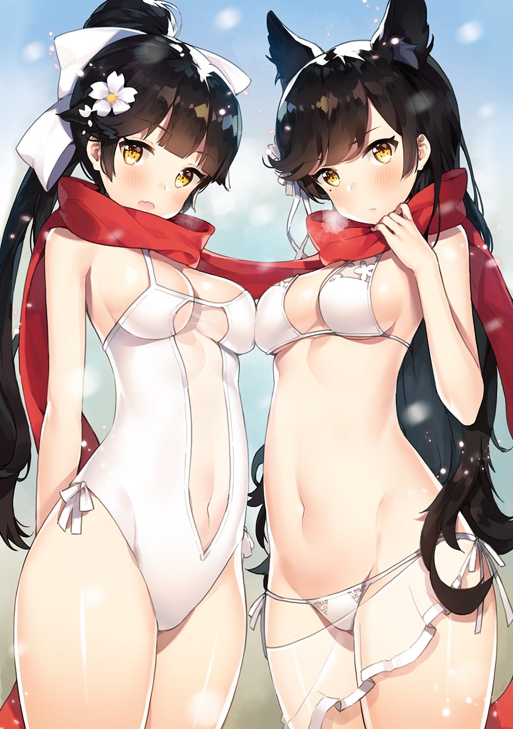 2girls, animal_ears, atago_(azur_lane), atago_(summer_march)_(azur_lane), ayami, azur_lane, bikini, black_hair, bow, breasts, highres, long_hair, medium_breasts, multiple_girls, one-piece_swimsuit, ribbon, sarong, scarf, shared_clothes, shared_scarf, swept_bangs, swimsuit, takao_(azur_lane), takao_(beach_rhapsody)_(azur_lane), very_long_hair, white_bikini, white_bow, white_one-piece_swimsuit, white_ribbon