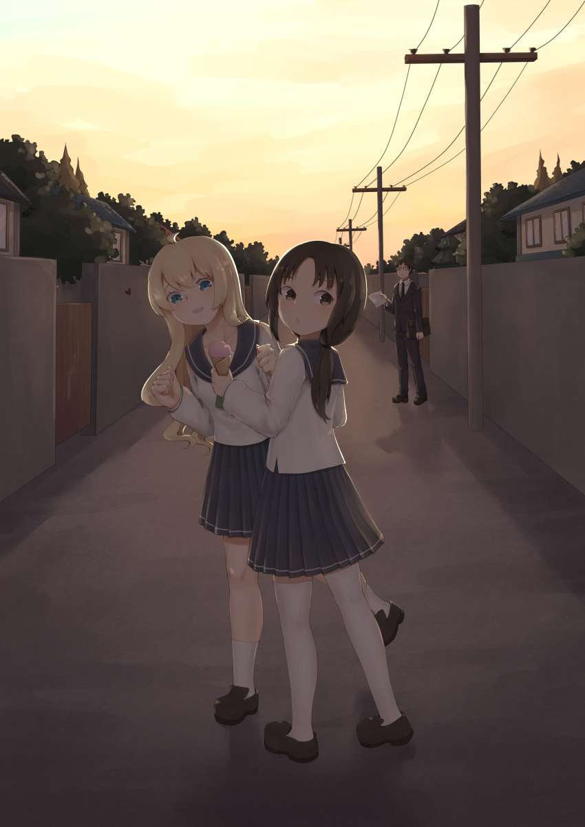 1boy, 2girls, :/, absurdres, ahoge, arm_at_side, black_neckwear, blazer