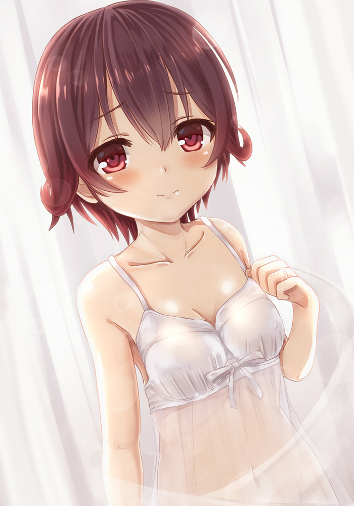 1girl, blush, breasts, brown_hair, camisole, collarbone, curtains, female_focus