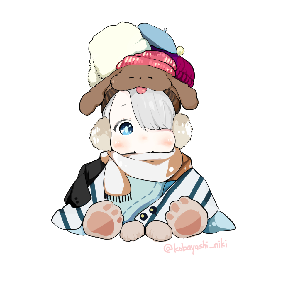 1boy, animal_hands, animal_hat, blue_eyes, chibi, dog_hat, earmuffs, gloves