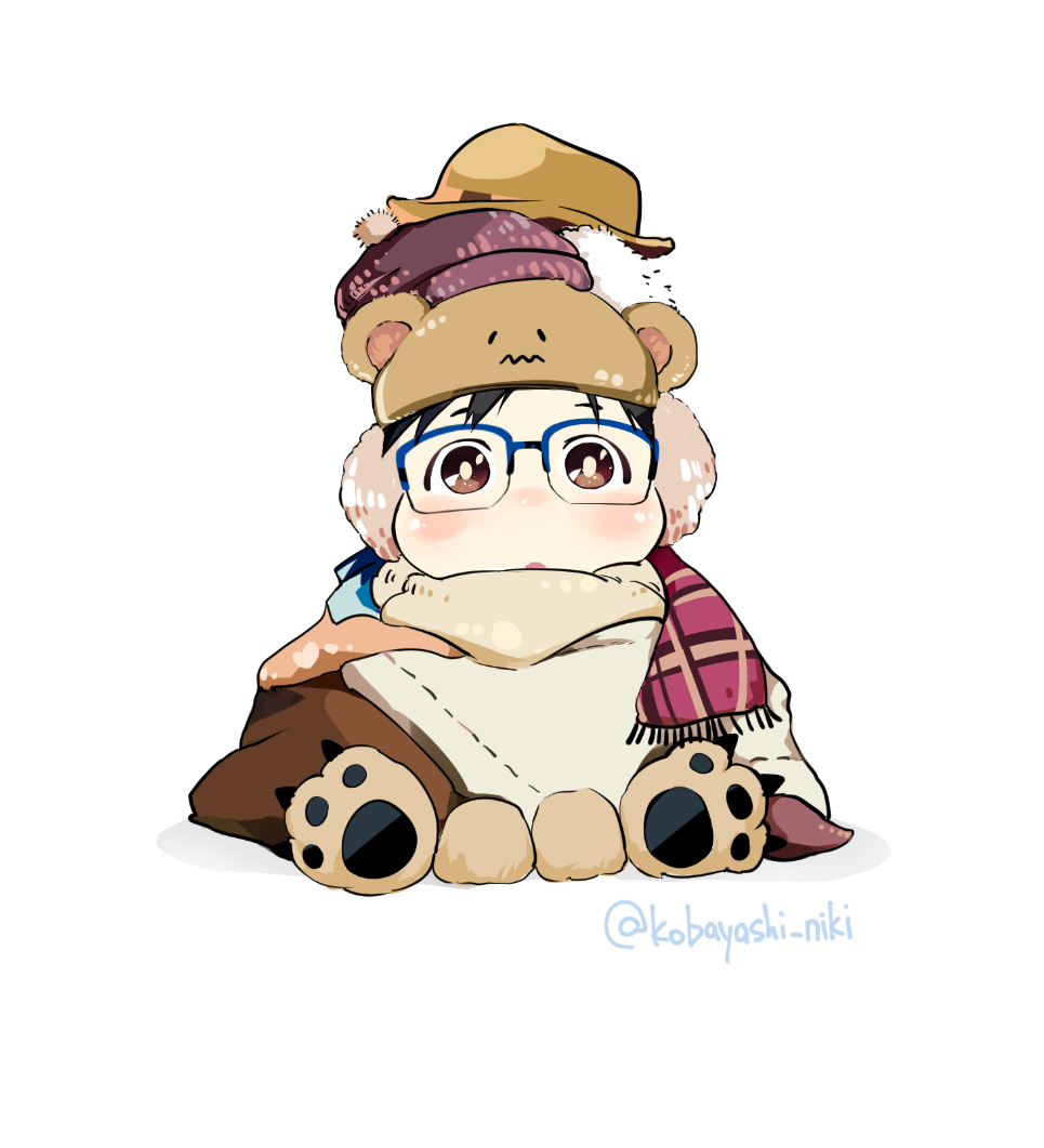 1boy, animal_hands, animal_hat, bear_hat, black_hair, blue-framed_eyewear, brown_eyes, chibi