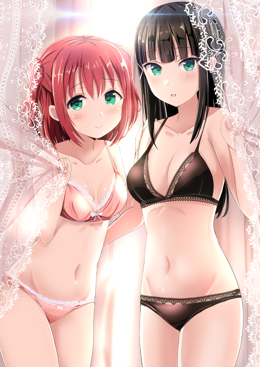 2girls, aqua_eyes, black_bra, black_hair, black_panties, bra, breasts, cowboy_shot