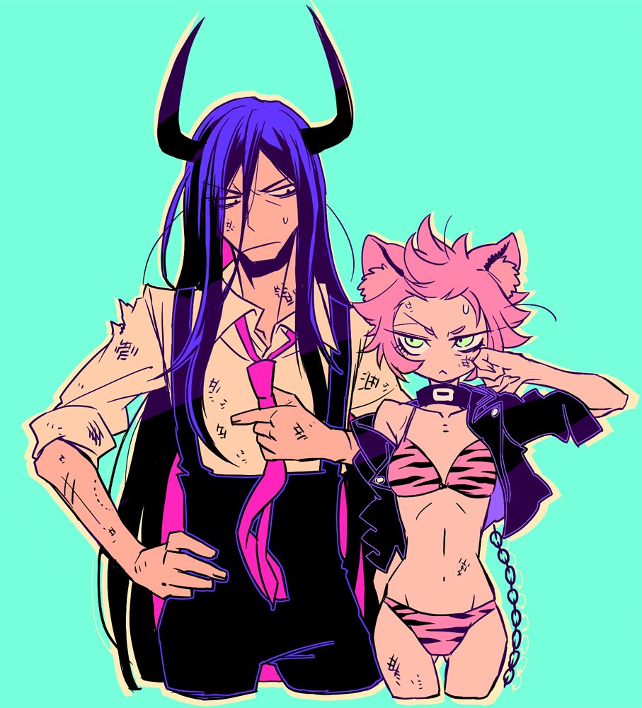 1boy, 1girl, aira_kanae, animal_ears, animal_print, bikini, bite_mark, black_jacket