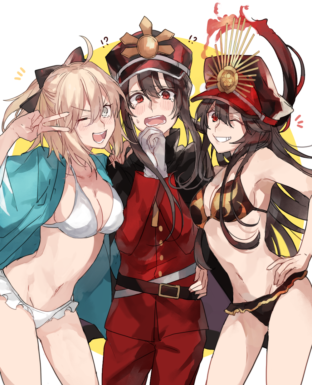 !?, 1boy, 2girls, ;d, ahoge, arm_up, belt, belt_buckle, bikini, black_bikini, black_bow, black_cape, black_hair, blue_jacket, blush, bow, breasts, buckle, cape, cleavage, collarbone, contrapposto, cowboy_shot, fate/grand_order, fate_(series), fire, frilled_bikini, frills, girl_sandwich, gloves, grin, hair_between_eyes, hair_bow, hand_on_own_hip, hat, highres, hug, jacket, koha-ace, long_hair, long_sleeves, looking_at_viewer, medium_breasts, multiple_girls, oda_nobukatsu_(fate), oda_nobunaga_(fate), oda_nobunaga_(koha-ace), oda_nobunaga_(swimsuit_berserker)_(fate), oda_nobunaga_(swimsuit_berserker)_(second_ascension)_(fate), okita_souji_(fate), okita_souji_(koha-ace), one_eye_closed, open_clothes, open_jacket, open_mouth, own_hands_together, peaked_cap, ponytail, red_eyes, red_hat, sandwiched, shinsengumi, smile, standing, swimsuit, tearing_up, tears, teeth, thighs, uniform, v, v-shaped_eyebrows, v_over_eye, very_long_hair, waltz_(tram), wavy_mouth, white_bikini, white_gloves