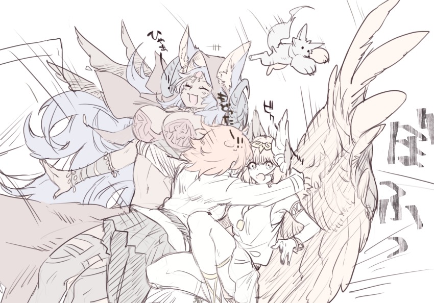 3girls, animal_ears, bed, breasts, chaldea_uniform, circe_(fate), dark_skin, dark-skinned_female