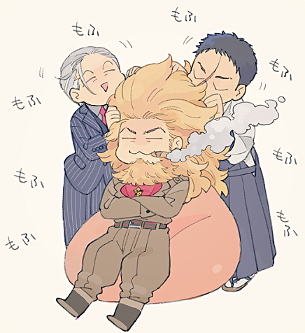 3boys, beard, caesar_caesar, chair, cigar, dandy_lion, facial_hair, formal_clothes